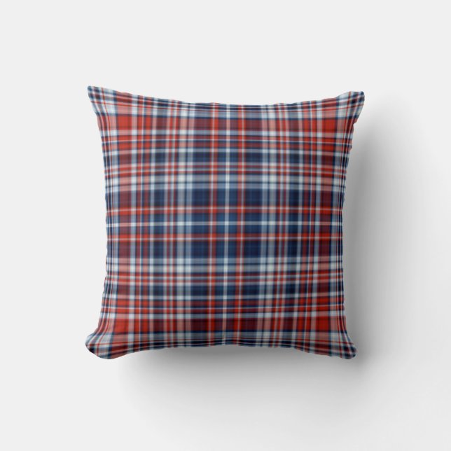 Red White and Blue Plaid Throw Pillow (Front)
