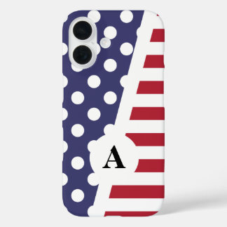 Red White and Blue Polka Dot and Stripe Pattern iPhone 16 Case