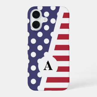 Red White and Blue Polka Dot and Stripe Pattern iPhone 16 Case
