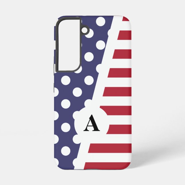 Red White and Blue Polka Dot and Stripe Pattern Samsung Galaxy S22 Case (Back)