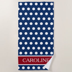 Red White and Blue Polka Dot Personalised Beach Towel