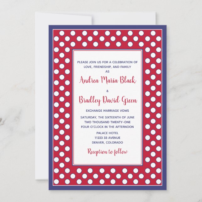Red, White and Blue Polka Dot Wedding Invitation (Front)