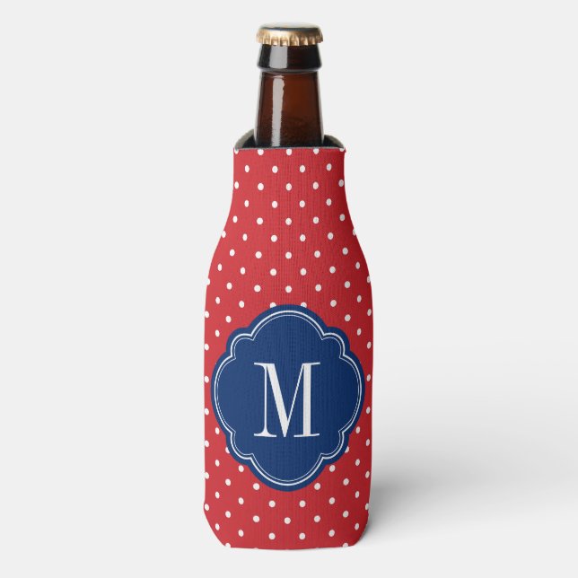 Red White and Blue Polka Dots Monogram Bottle Cooler (Bottle Front)