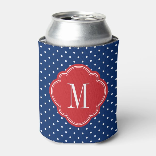 Red White and Blue Polka Dots Monogram Can Cooler (Can Front)