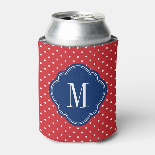 Red White and Blue Polka Dots Monogram Can Cooler (Can Front)