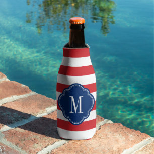 Red White and Blue Preppy Stripes Monogram Bottle Cooler