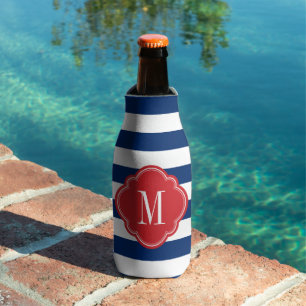 Red White and Blue Preppy Stripes Monogram Bottle Cooler