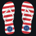 Red White and Blue Preppy Stripes Monogram Flip Flops<br><div class="desc">Custom printed flip flop sandals with a preppy nautical stripe pattern and your custom monogram or other text in a circle frame. Click Customise It to change text fonts and colours or add your own images to create a unique one of a kind design!</div>