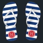 Red White and Blue Preppy Stripes Monogram Flip Flops<br><div class="desc">Custom printed flip flop sandals with a preppy nautical stripe pattern and your custom monogram or other text in a circle frame. Click Customise It to change text fonts and colours or add your own images to create a unique one of a kind design!</div>