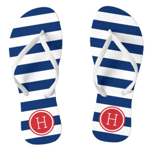 Red White and Blue Preppy Stripes Monogram Flip Flops