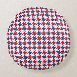 Red White and Blue Repeating Houndstooth Pattern Round Cushion