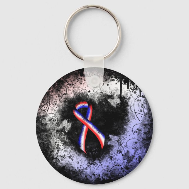 Red, White and Blue Ribbon Grunge Heart Key Ring (Front)