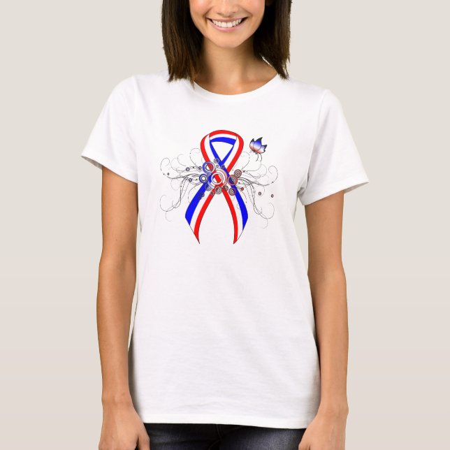 Red, White and Blue Ribbon with Butterfly T-Shirt (Front)