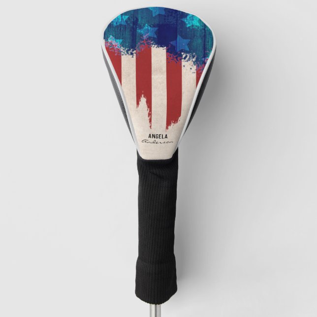 Red White and Blue Rustic Wood Custom Golf Head Cover (Front)