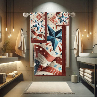 Red White and Blue Shining Stars & Stripe Monogram Bath Towel Set