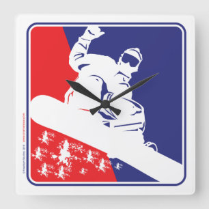 Red White and Blue Snowboarder Square Wall Clock