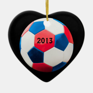 Red White and Blue Soccer Ball, Ceramic Tree Decoration