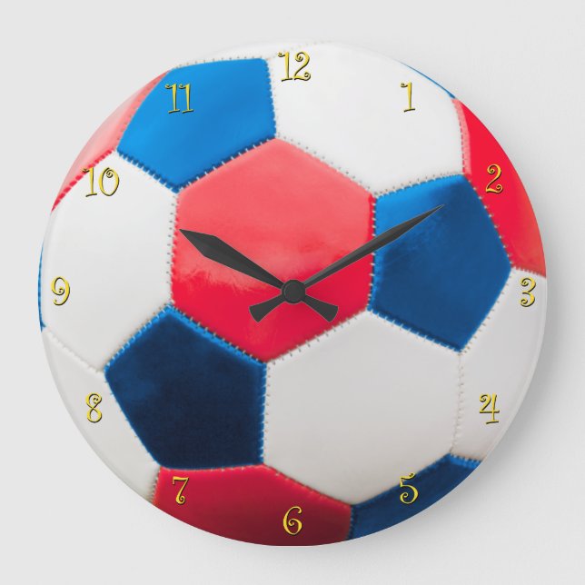 Red White and Blue Soccer Ball Large Clock (Front)