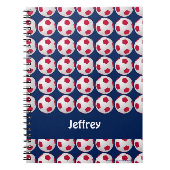 Red, White, and Blue Soccer Balls, Name, Spiral Notebook (Front)