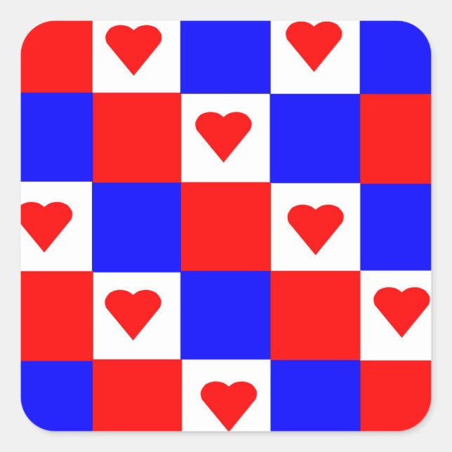 Red, White and Blue Squares with Red Hearts Square Sticker (Front)