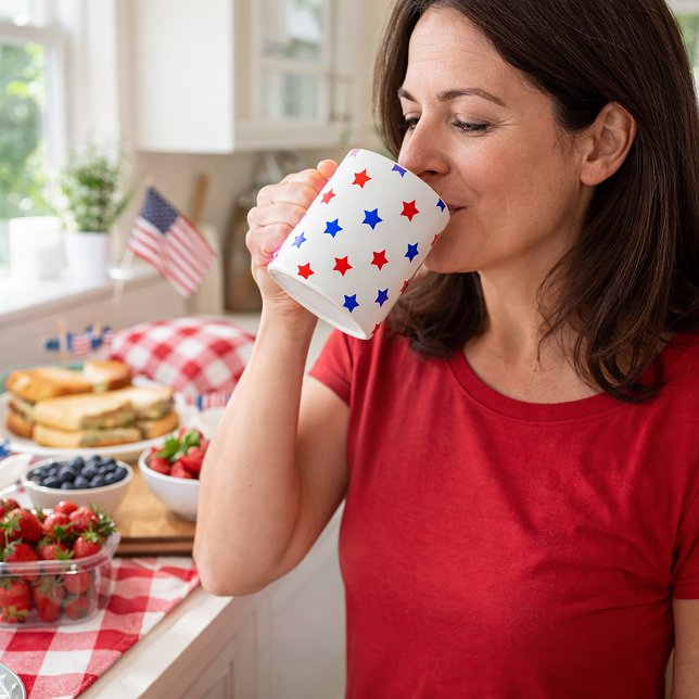 Red White and Blue Star Pattern Whtie Background Coffee Mug (A mug with a red and blue star pattern on a white background.)