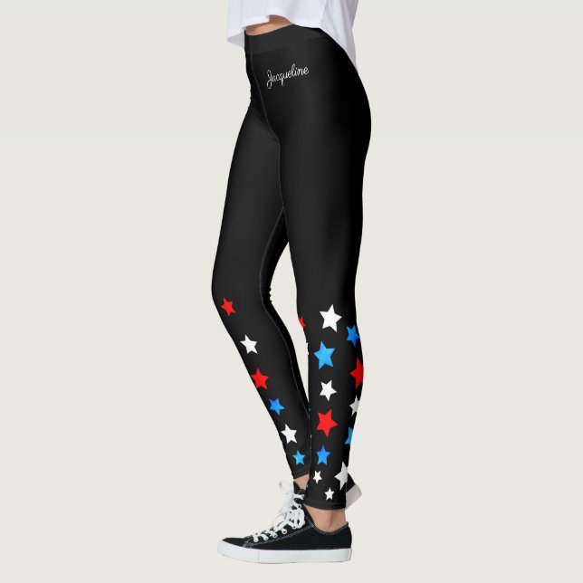 Red White and Blue Stars Add Your Name on BLACK Leggings (Left)