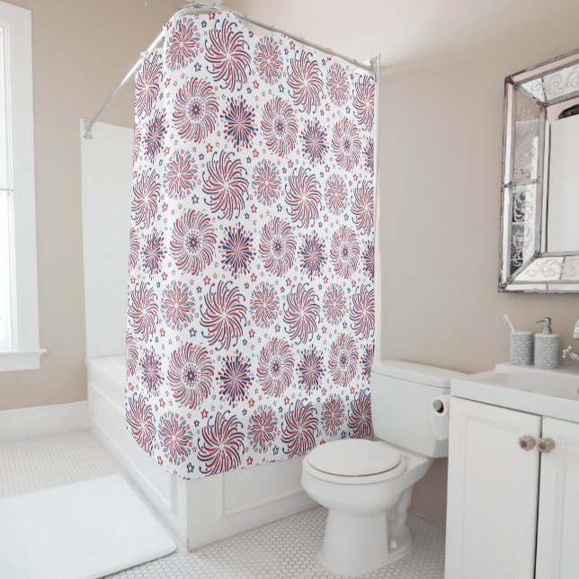 Red White and Blue Stars and Fireworks Shower Curtain (In Situ)
