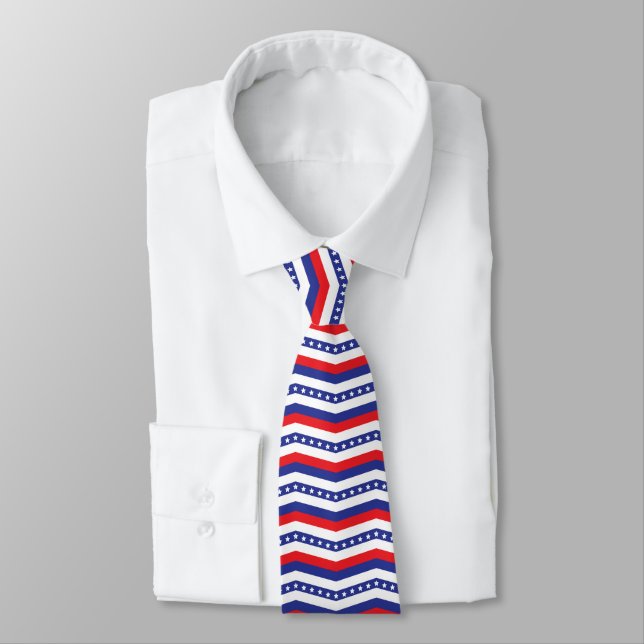 Red White and Blue Stars and Stripes Chevron Tie (Tied)
