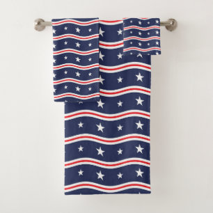 Red White and Blue Stars and Wavy Stripes Bath Towel Set