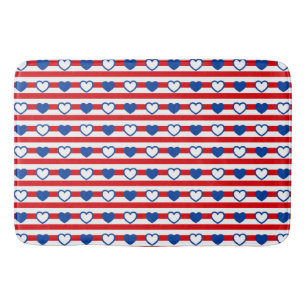 Red, White and Blue Stripes and Hearts Bath Mat