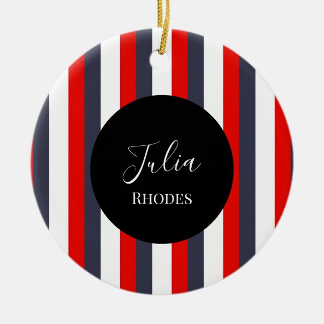 Red, white and blue stripes custom name ceramic tree decoration (Front)