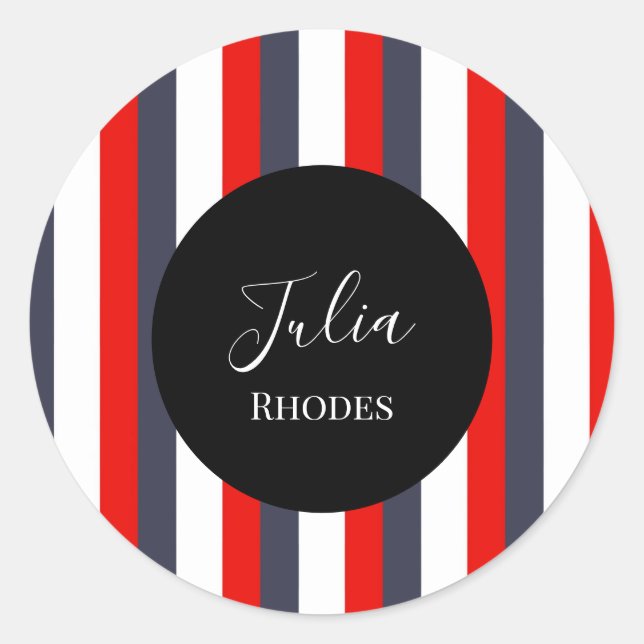 Red, white and blue stripes custom name classic round sticker (Front)
