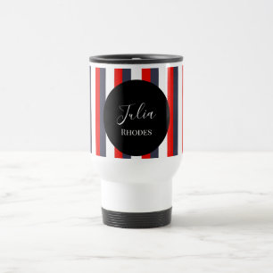 Red, white and blue stripes custom name travel mug