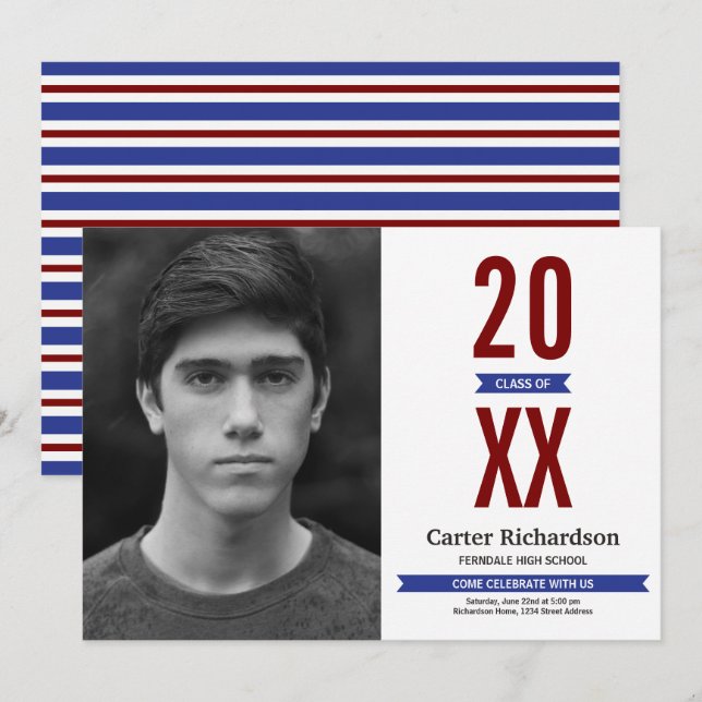 Red White and Blue Stripes Photo Graduation Invitation (Front/Back)