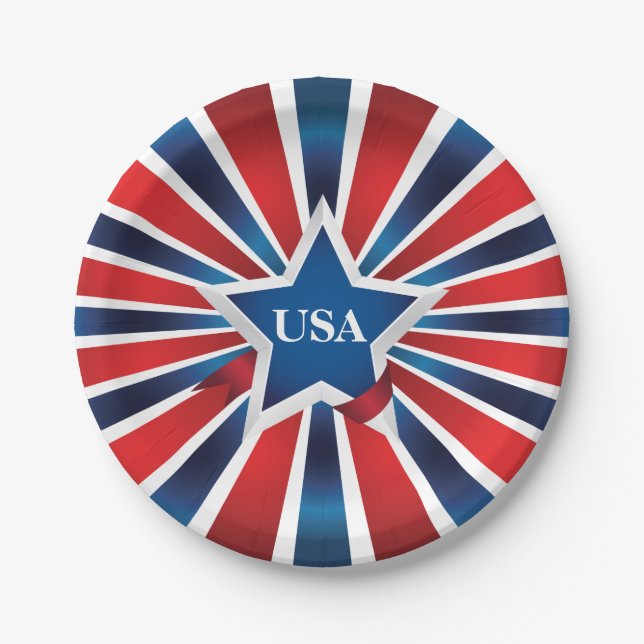 Red White and Blue Stripes USA Monogram Paper Plate (Front)
