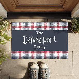 Red White and Blue Tartan Family Name Doormat