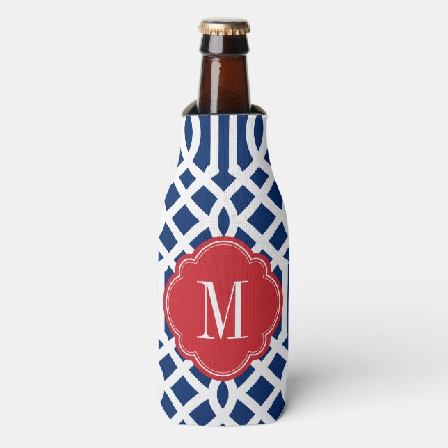 Red White and Blue Trellis Monogram Bottle Cooler (Bottle Front)