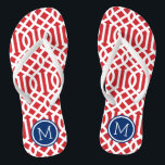 Red White and Blue Trellis Monogram Flip Flops<br><div class="desc">Custom printed flip flop sandals with a stylish modern trellis pattern and your custom monogram or other text in a circle frame. Click Customise It to change text fonts and colours or add your own images to create a unique one of a kind design!</div>