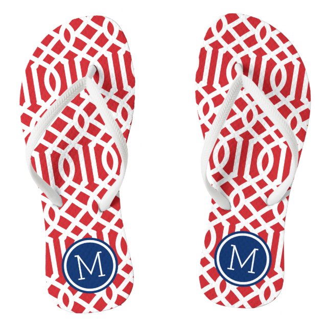 Red White and Blue Trellis Monogram Flip Flops (Footbed)