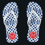 Red White and Blue Trellis Monogram Flip Flops<br><div class="desc">Custom printed flip flop sandals with a stylish modern trellis pattern and your custom monogram or other text in a circle frame. Click Customise It to change text fonts and colours or add your own images to create a unique one of a kind design!</div>