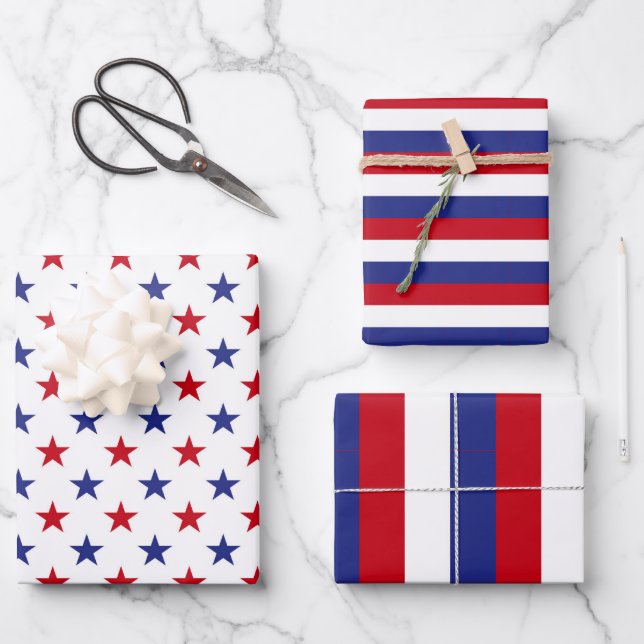 Red, White and Blue USA Stars and Stripes pattern Wrapping Paper Sheet (Front)