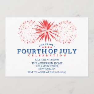 Red White and Blue Vintage Fireworks 4th of July Invitation