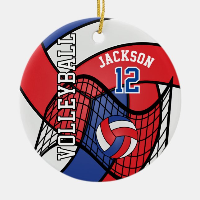 Red, White and Blue Volleyball 🏐 Ceramic Tree Decoration (Front)