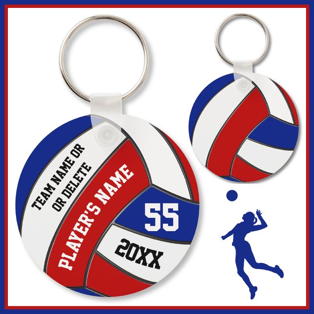 Red White and Blue Volleyball Keychains, Your Text Key Ring (Cheap volleyball souvenirs. Red, White and Blue, Volleyball Team Gift Ideas. Volleyball Keychains.)