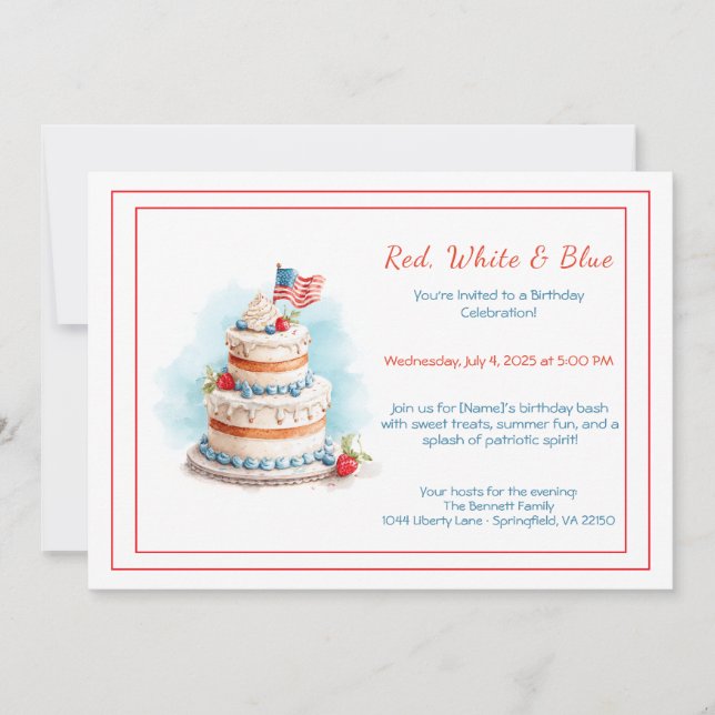 Red White and Blue Watercolor Birthday Invitation  (Front)