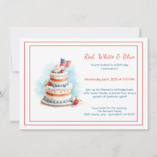 Red White and Blue Watercolor Birthday Invitation 