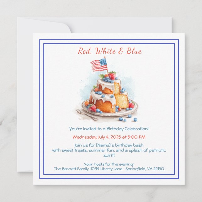Red White and Blue Watercolor Birthday Invitation  (Front)