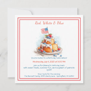 Red White and Blue Watercolor Birthday Invitation 