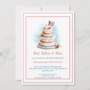 Red White and Blue Watercolor Birthday Invitation 