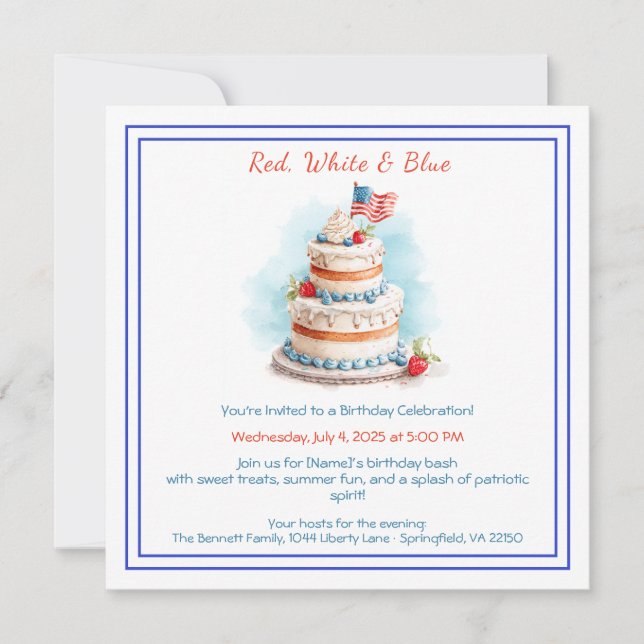 Red White and Blue Watercolor Birthday Invitation  (Front)